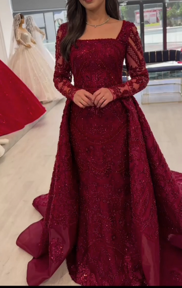 Niulatu Square Neck Sheath Long Prom Dress Tulle Beaded Burgundy Evening Dress HZ1026